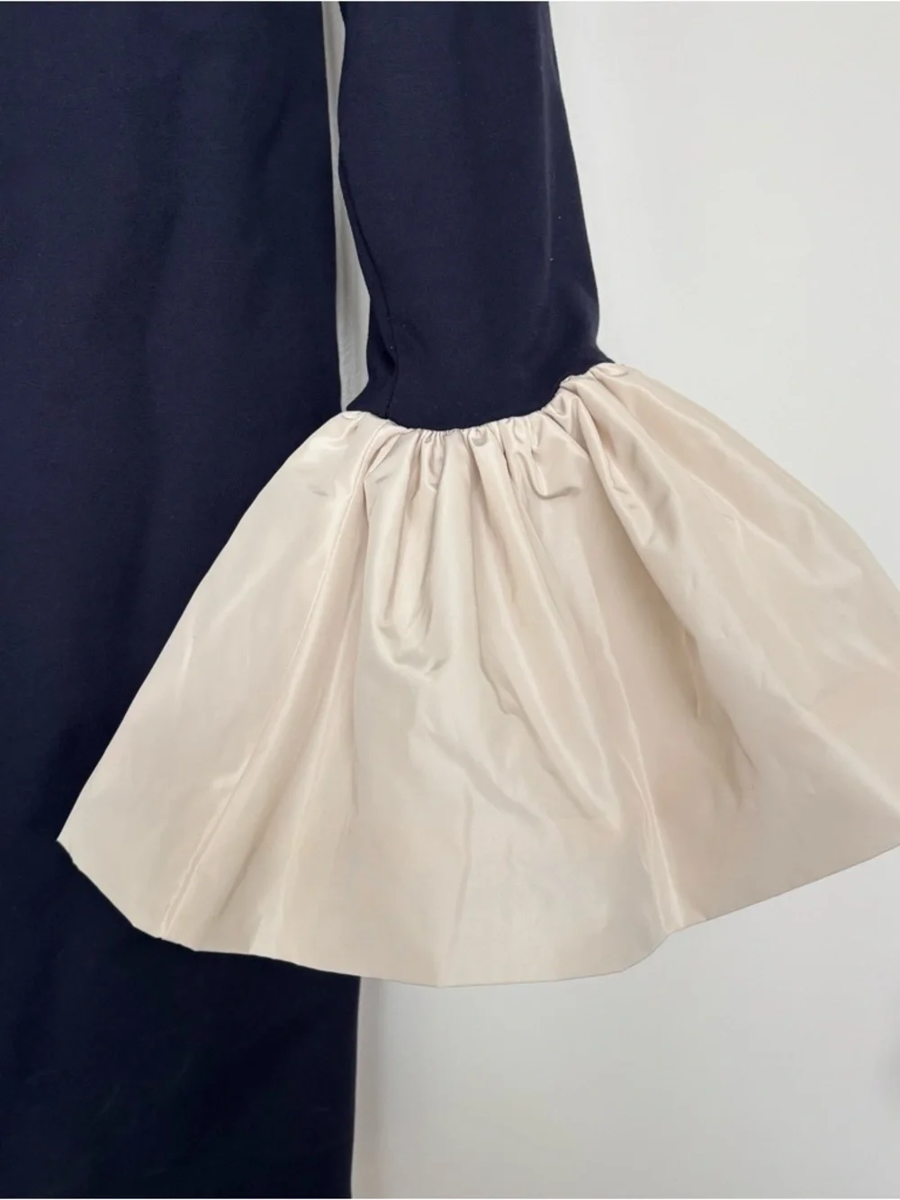 STAUD Hawthorne Navy Mini Dress with Cream Ruffle sleeve - Picture 2 of 5